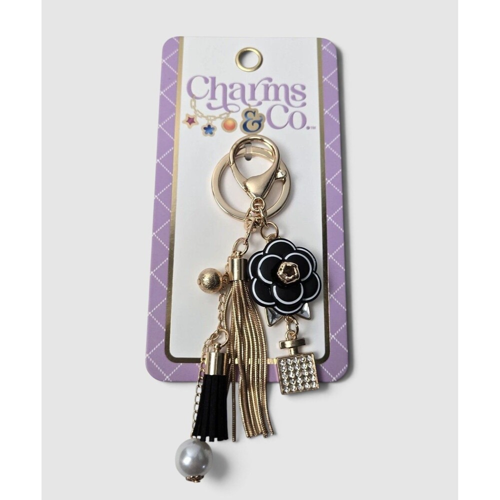 Charms & Co Black Flower & Tassels Keychain Bag Charm Perfume Bottle Pearl Gold